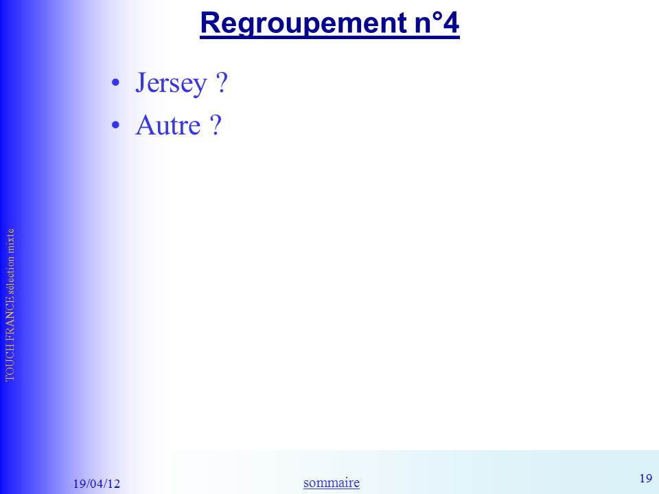 sommaire 19/04/12 TOUCH FRANCE sélection mixte 19 Regroupement n°4 Jersey Autre