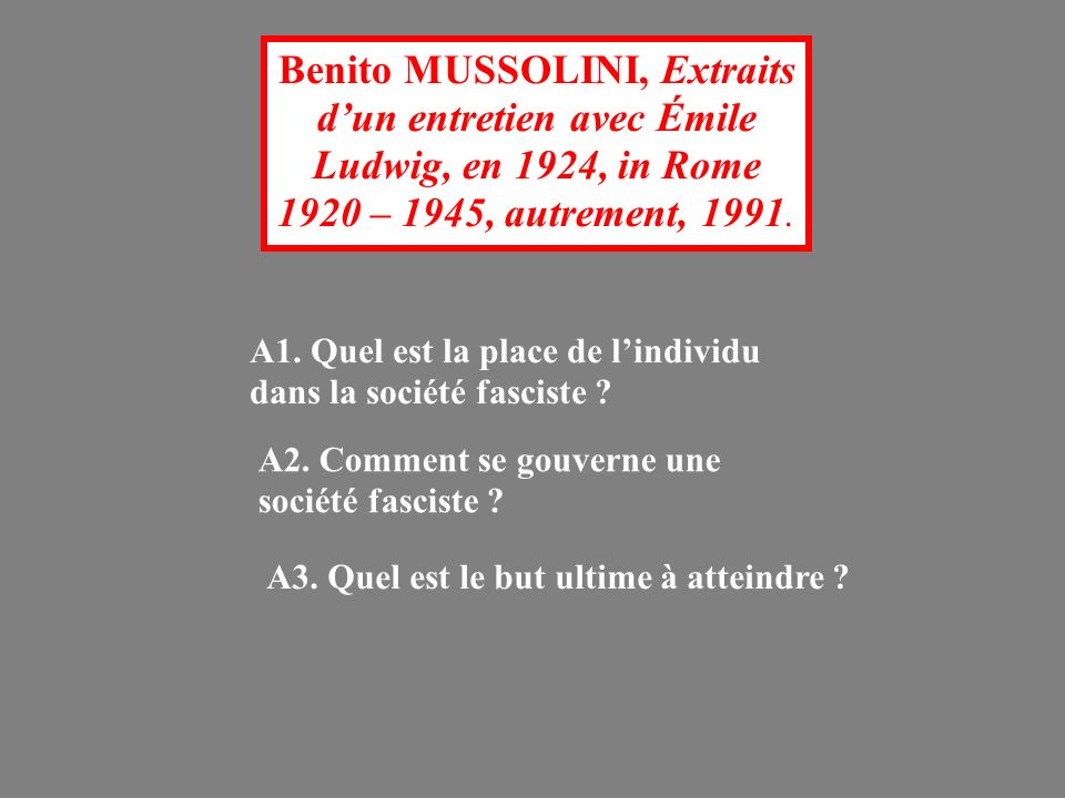 Benito MUSSOLINI, Extraits d’un entretien avec Émile Ludwig, en 1924, in Rome 1920 – 1945, autrement, 1991.