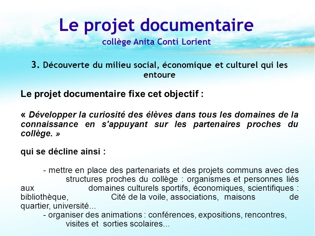 Le projet documentaire collège Anita Conti Lorient 3.