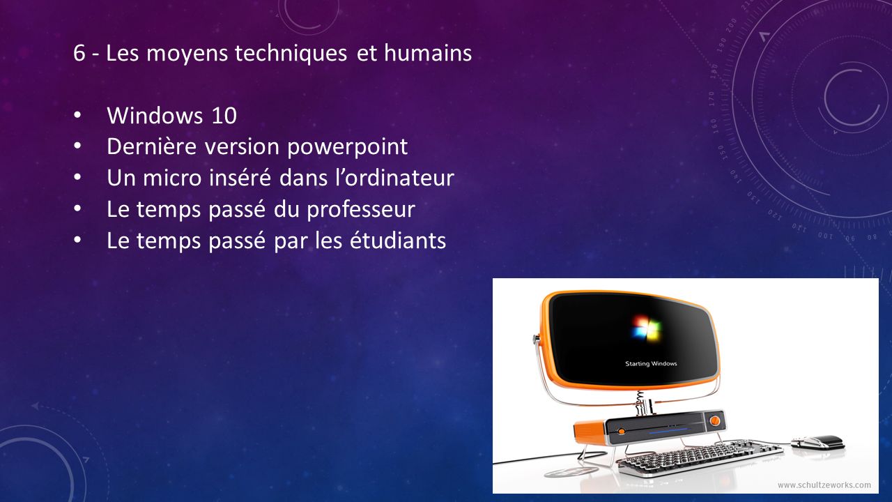 9 6 - Les moyens techniques et humains Windows 10 Dernière version powerpoint Un micro inséré dans l’ordinateur Le temps passé du professeur Le temps passé par les étudiants