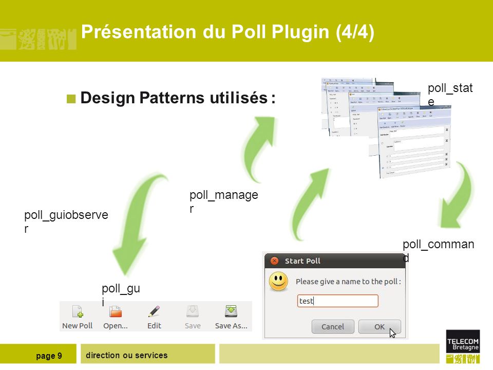 direction ou services page 9 Présentation du Poll Plugin (4/4) Design Patterns utilisés : poll_comman d poll_stat e poll_manage r poll_gu i poll_guiobserve r
