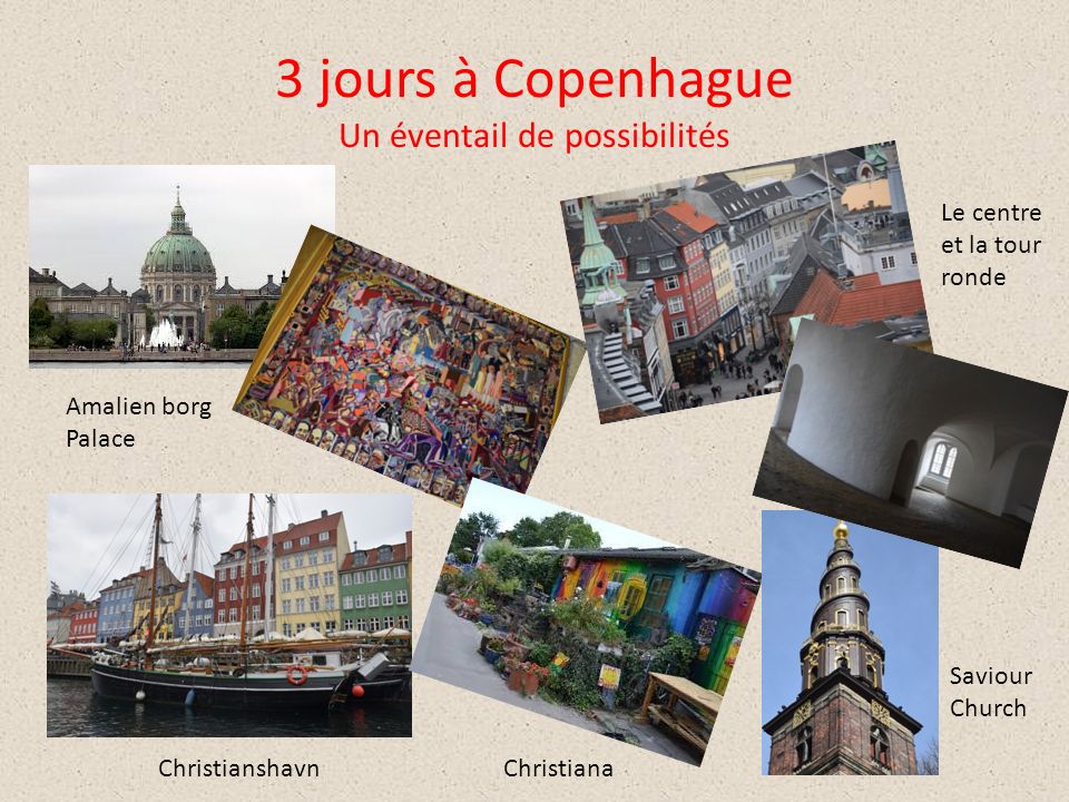 3 jours à Copenhague Un éventail de possibilités Amalien borg Palace Christianshavn Saviour Church Le centre et la tour ronde Christiana