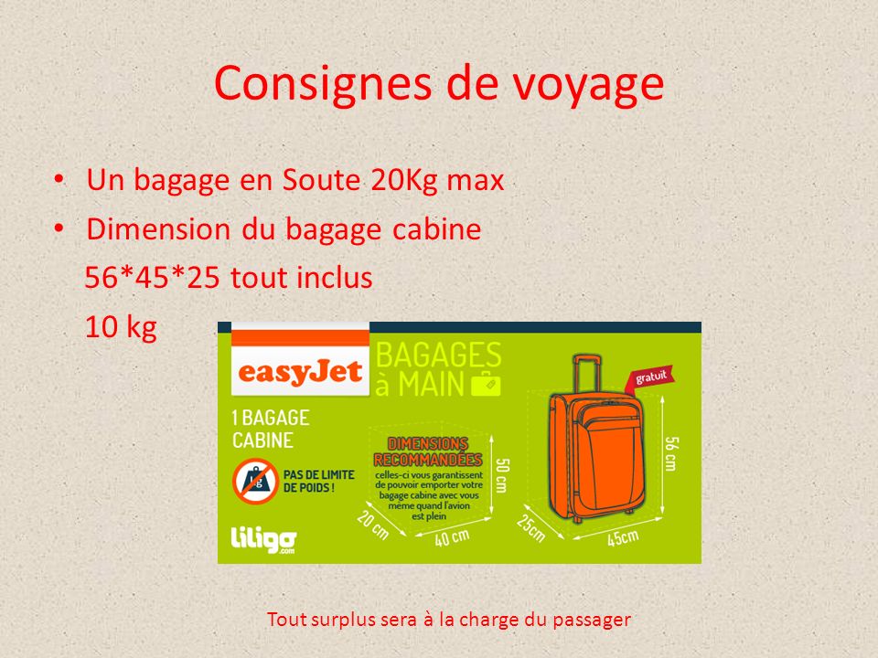 Consignes de voyage Un bagage en Soute 20Kg max Dimension du bagage cabine 56*45*25 tout inclus 10 kg Tout surplus sera à la charge du passager