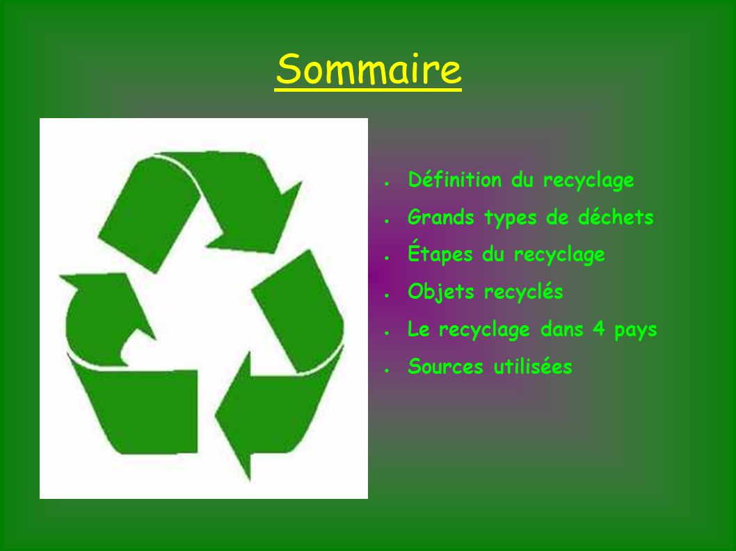 Sommaire ● Définition du recyclage ● Grands types de déchets ● Étapes du recyclage ● Objets recyclés ● Le recyclage dans 4 pays ● Sources utilisées