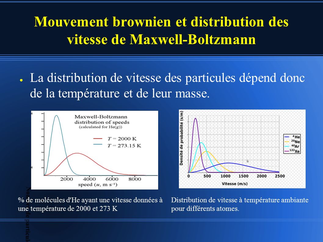 Mouvement brownien et distribution des vitesse de Maxwell-Boltzmann ● La distribution de vitesse des particules dépend donc de la température et de leur masse.
