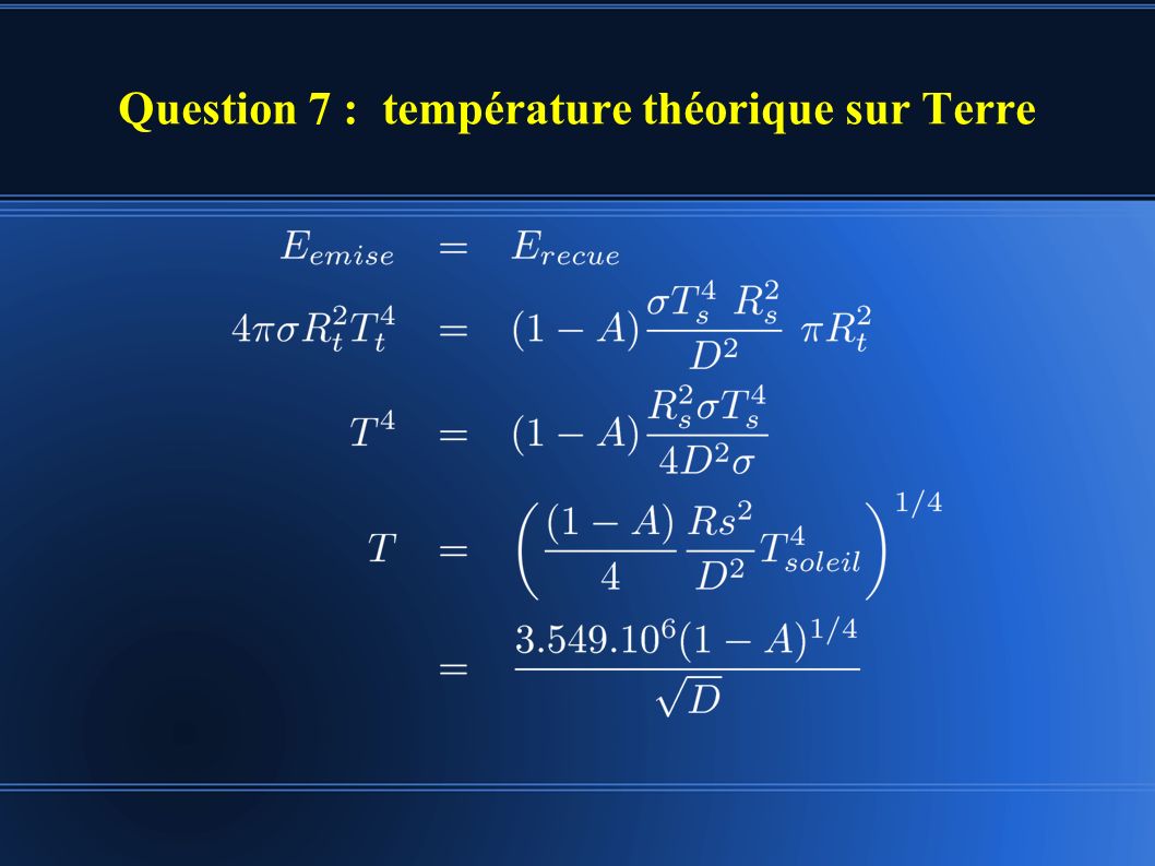 Question 7 : température théorique sur Terre