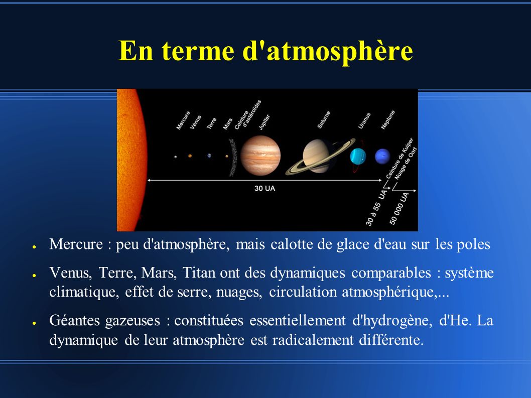 En terme d atmosphère ● Mercure : peu d atmosphère, mais calotte de glace d eau sur les poles ● Venus, Terre, Mars, Titan ont des dynamiques comparables : système climatique, effet de serre, nuages, circulation atmosphérique,...