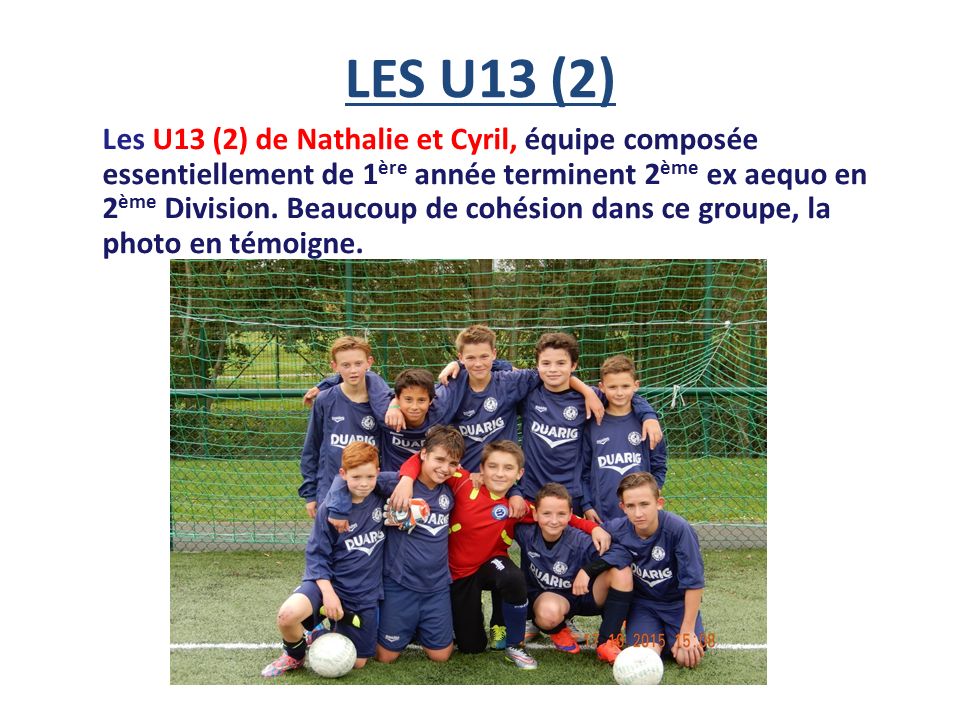LES U13 (2) Les U13 (2) de Nathalie et Cyril, équipe composée essentiellement de 1 ère année terminent 2 ème ex aequo en 2 ème Division.