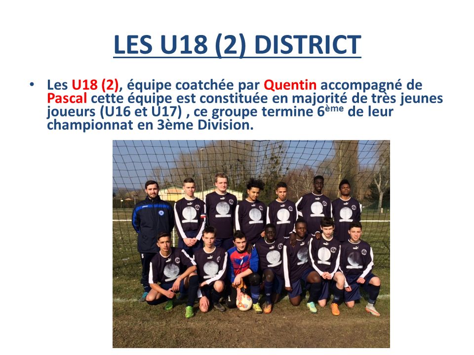 LES U18 (2) DISTRICT Les U18 (2), équipe coatchée par Quentin accompagné de Pascal cette équipe est constituée en majorité de très jeunes joueurs (U16 et U17), ce groupe termine 6 ème de leur championnat en 3ème Division.