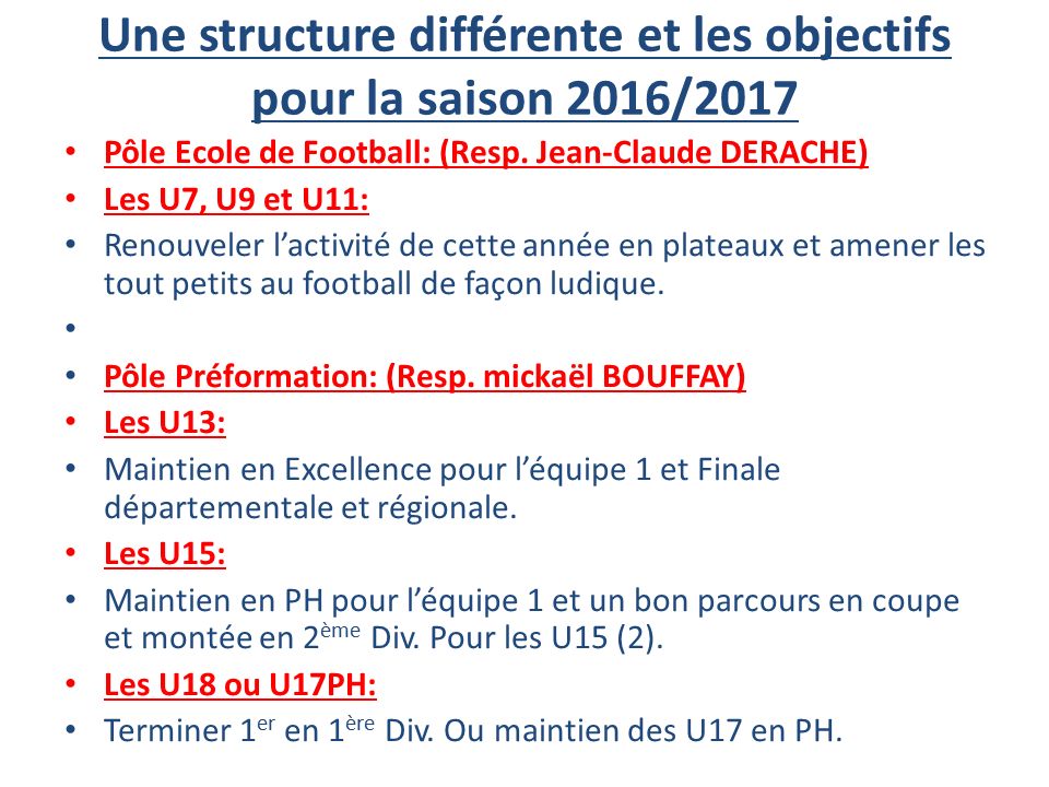 Une structure différente et les objectifs pour la saison 2016/2017 Pôle Ecole de Football: (Resp.