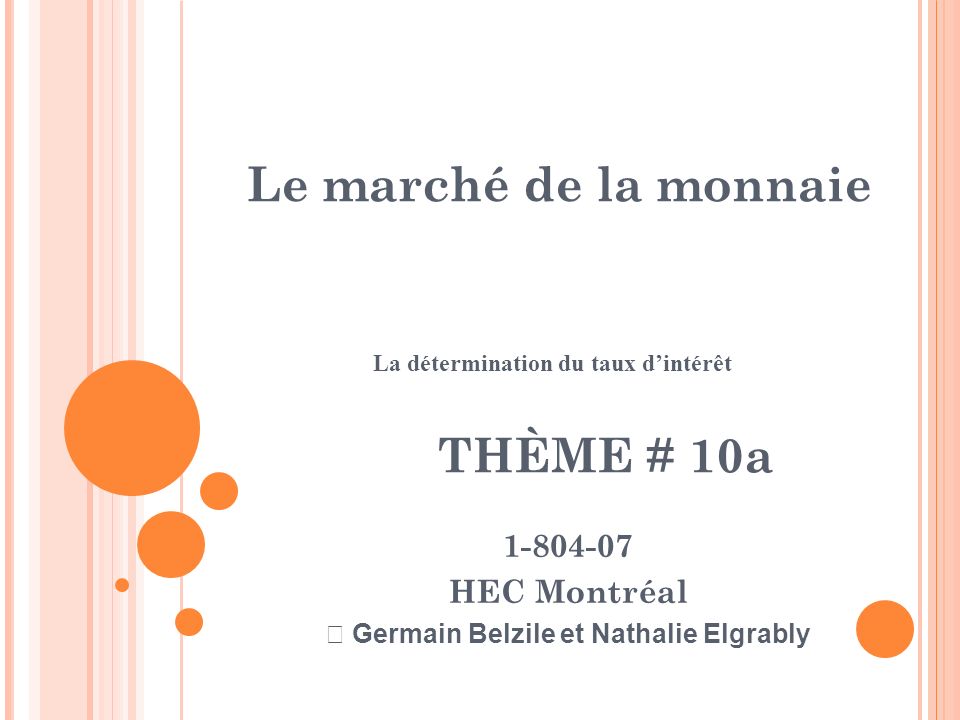 Le marché de la monnaie La détermination du taux d’intérêt HEC Montréal  Germain Belzile et Nathalie Elgrably THÈME # 10a