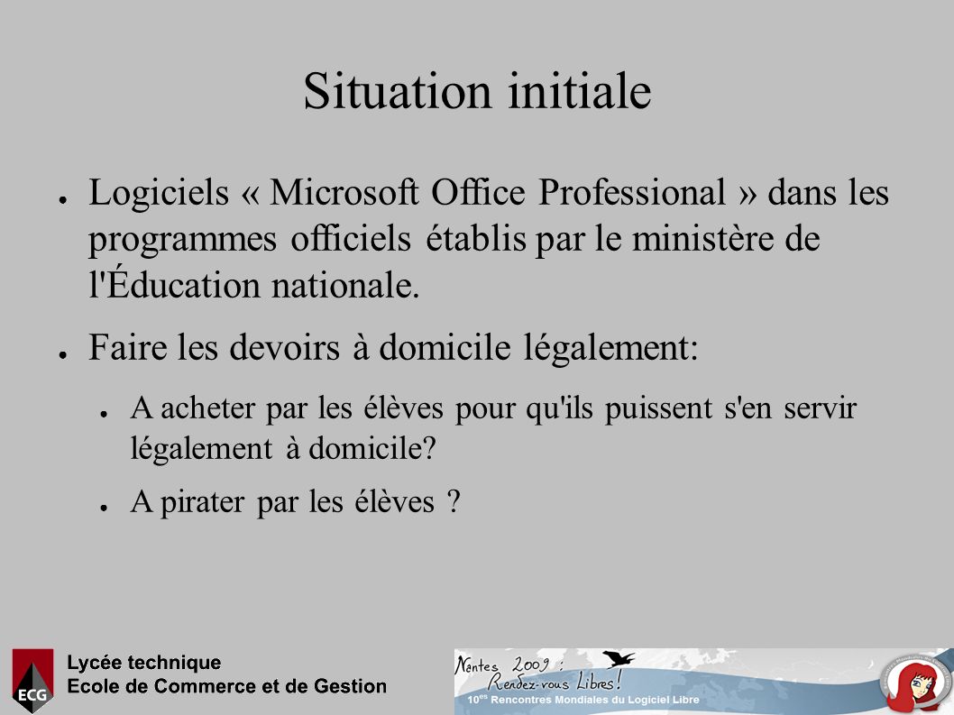 Situation initiale ● Logiciels « Microsoft Office Professional » dans les programmes officiels établis par le ministère de l Éducation nationale.