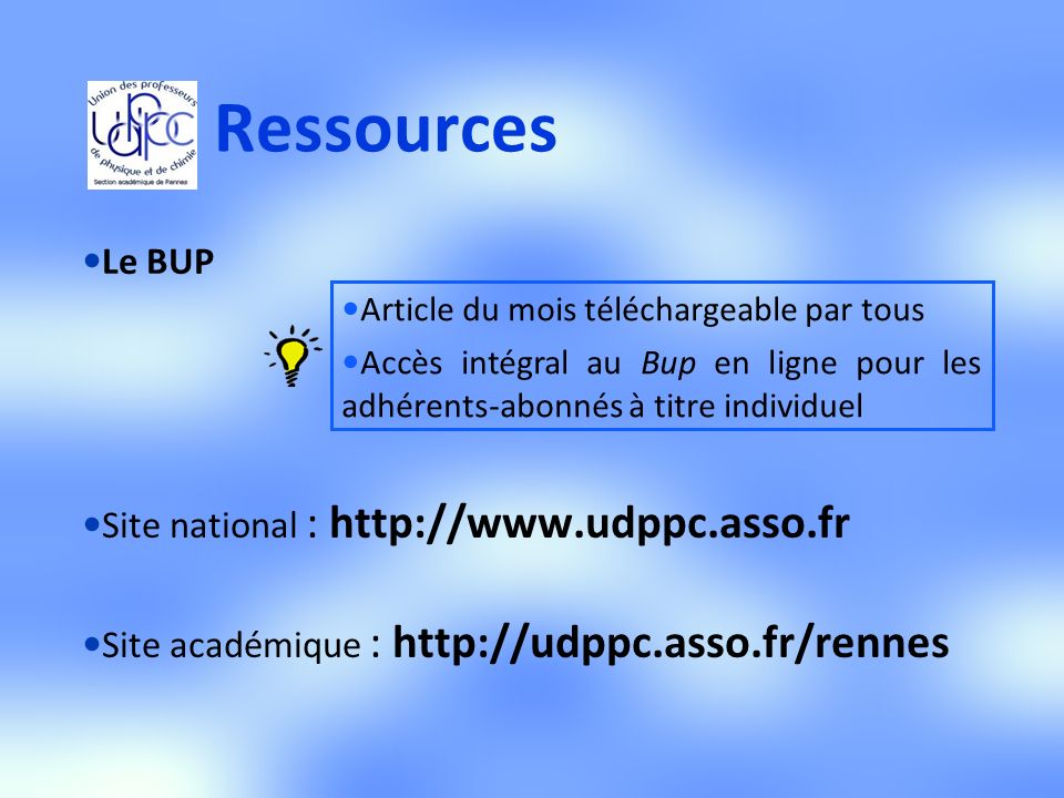 Ressources Le BUP Site national :   Site académique :   Article du mois téléchargeable par tous Accès intégral au Bup en ligne pour les adhérents-abonnés à titre individuel