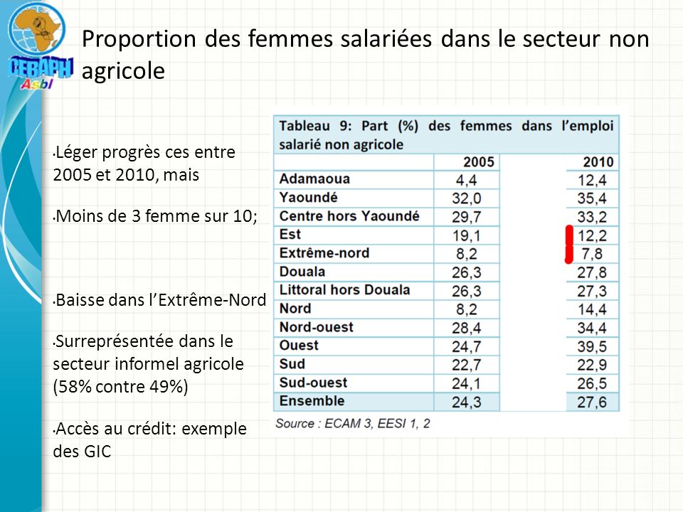 Proportion des femmes salariées dans le secteur non agricole Léger progrès ces entre 2005 et 2010, mais Moins de 3 femme sur 10; Baisse dans l’Extrême-Nord Surreprésentée dans le secteur informel agricole (58% contre 49%) Accès au crédit: exemple des GIC