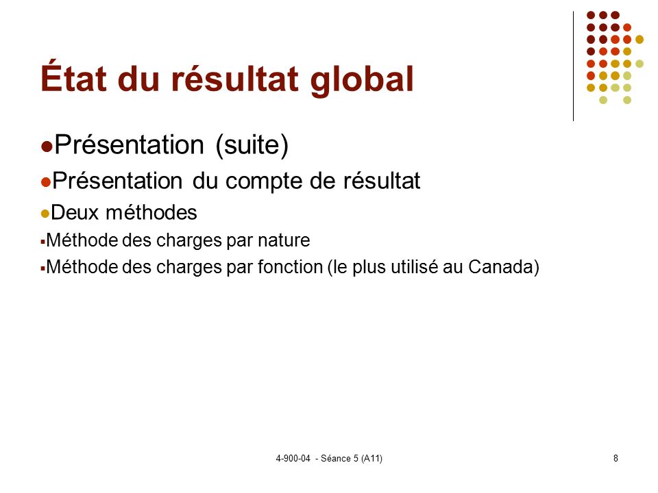 Séance 5 (A11) 8 État du résultat global Présentation (suite) Présentation du compte de résultat Deux méthodes  Méthode des charges par nature  Méthode des charges par fonction (le plus utilisé au Canada)