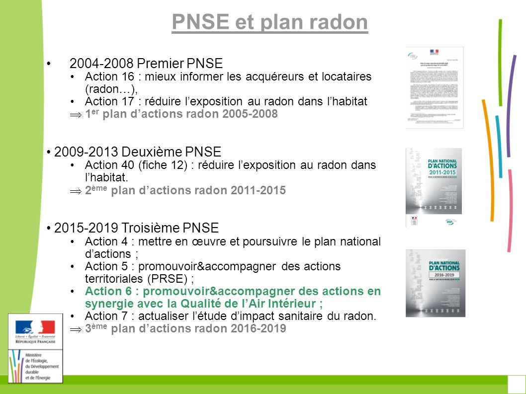 PNSE et plan radon Premier PNSE Action 16 : mieux informer les acquéreurs et locataires (radon…), Action 17 : réduire l’exposition au radon dans l’habitat  1 er plan d’actions radon Deuxième PNSE Action 40 (fiche 12) : réduire l’exposition au radon dans l’habitat.