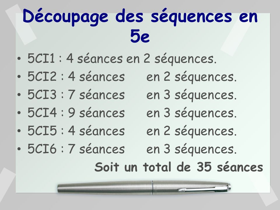 Découpage des séquences en 5e 5CI1 : 4 séances en 2 séquences.
