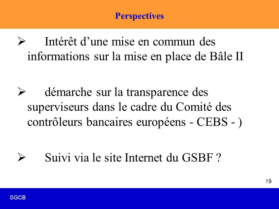 SGCB 19 Perspectives  Intérêt d’une mise en commun des informations sur la mise en place de Bâle II  démarche sur la transparence des superviseurs dans le cadre du Comité des contrôleurs bancaires européens - CEBS - )  Suivi via le site Internet du GSBF