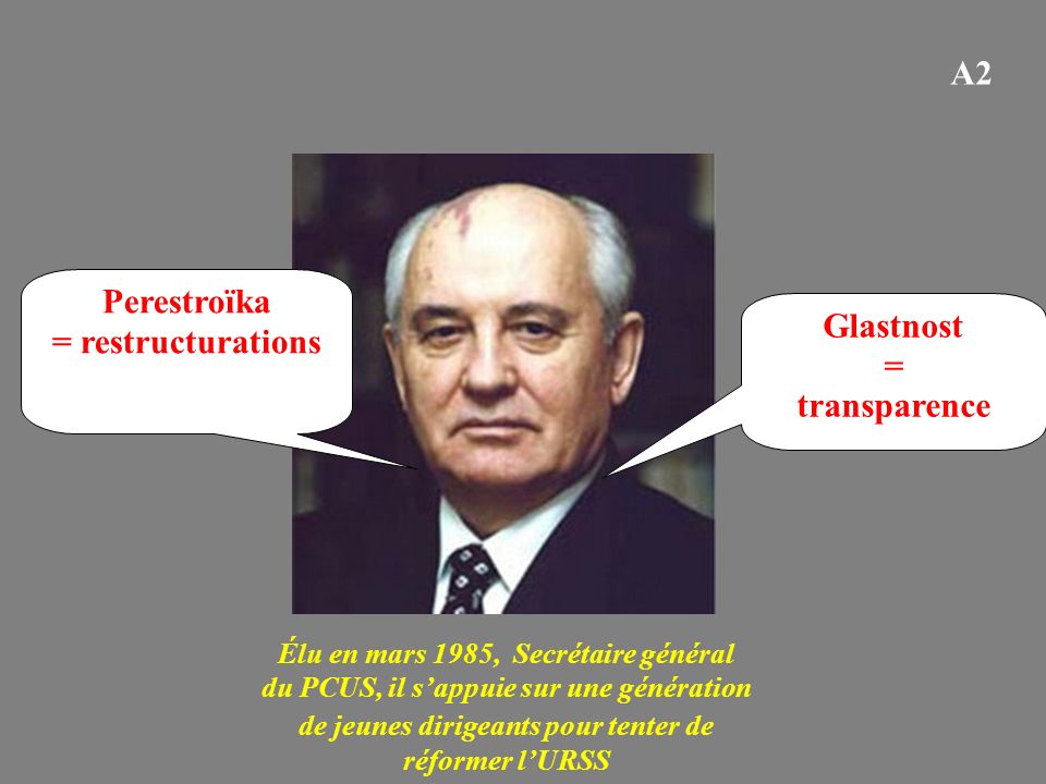 Glastnost = transparence Perestroïka = restructurations Élu en mars 1985, Secrétaire général du PCUS, il s’appuie sur une génération de jeunes dirigeants pour tenter de réformer l’URSS A2