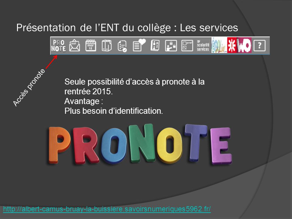 Présentation de l’ENT du collège : Les services   Accès pronote Seule possibilité d’accès à pronote à la rentrée 2015.