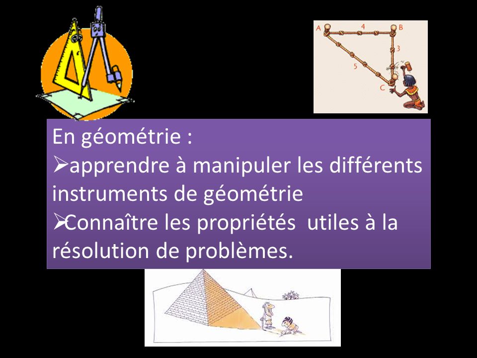 En géométrie :  apprendre à manipuler les différents instruments de géométrie  Connaître les propriétés utiles à la résolution de problèmes.