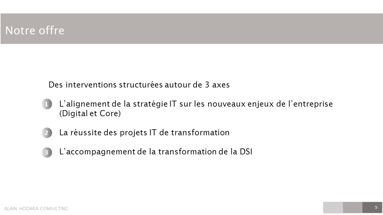 ALAIN HODARA CONSULTING Notre offre 5 Des interventions structurées autour de 3 axes  L’alignement de la stratégie IT sur les nouveaux enjeux de l’entreprise (Digital et Core)  La réussite des projets IT de transformation  L’accompagnement de la transformation de la DSI 2 3 1