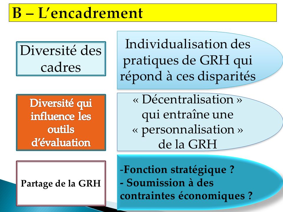 Diversité des cadres Individualisation des pratiques de GRH qui répond à ces disparités « Décentralisation » qui entraîne une « personnalisation » de la GRH « Décentralisation » qui entraîne une « personnalisation » de la GRH Partage de la GRH -Fonction stratégique .