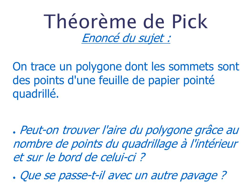 Théorème de Pick Enoncé du sujet : On trace un polygone dont les sommets sont des points d une feuille de papier pointé quadrillé.