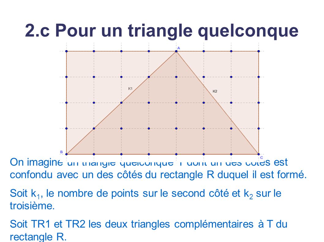 2.c Pour un triangle quelconque On imagine un triangle quelconque T dont un des cotés est confondu avec un des côtés du rectangle R duquel il est formé.