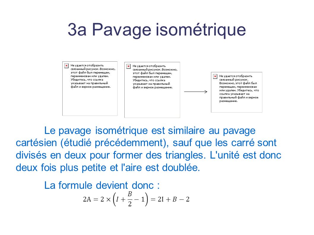 3a Pavage isométrique Le pavage isométrique est similaire au pavage cartésien (étudié précédemment), sauf que les carré sont divisés en deux pour former des triangles.