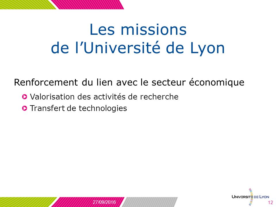 Les missions de l’Université de Lyon Renforcement du lien avec le secteur économique Valorisation des activités de recherche Transfert de technologies 27/09/