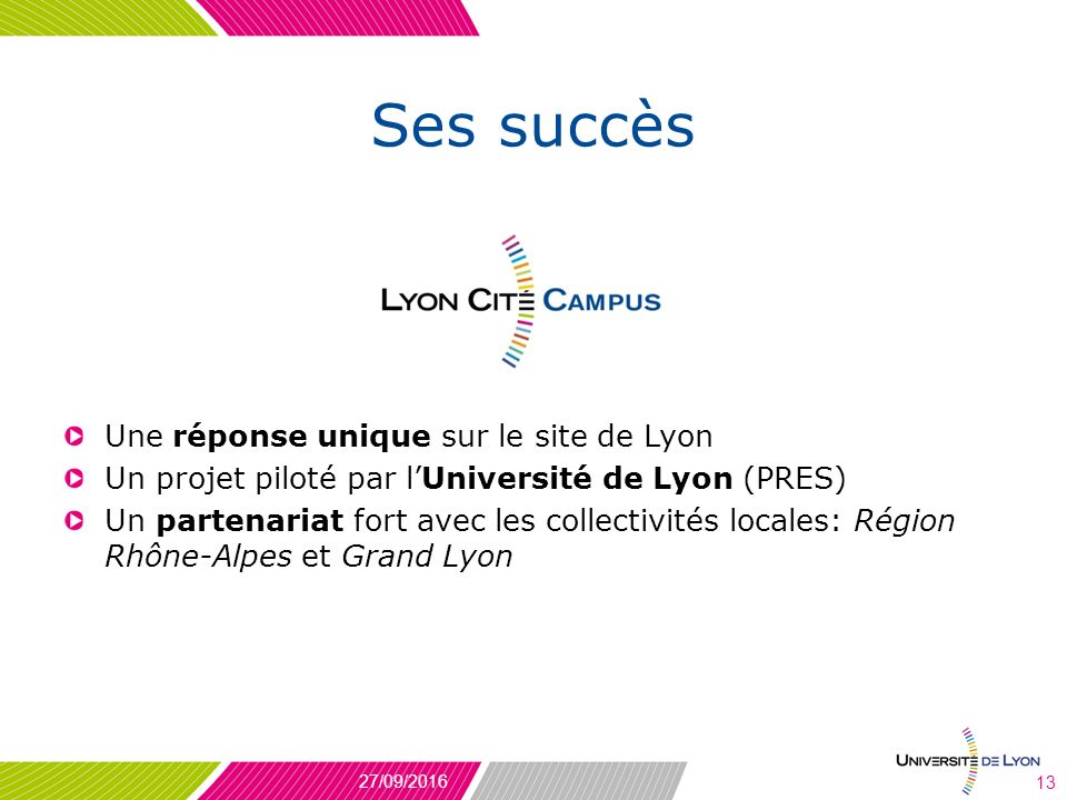 Ses succès Une réponse unique sur le site de Lyon Un projet piloté par l’Université de Lyon (PRES) Un partenariat fort avec les collectivités locales: Région Rhône-Alpes et Grand Lyon 27/09/