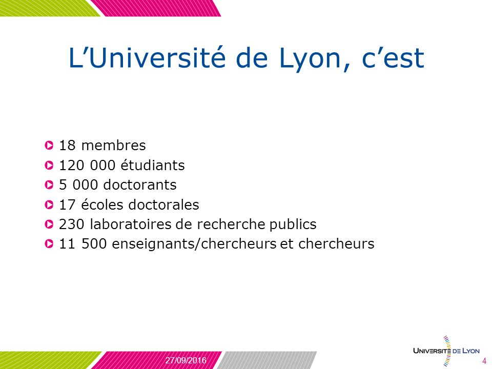 L’Université de Lyon, c’est 18 membres étudiants doctorants 17 écoles doctorales 230 laboratoires de recherche publics enseignants/chercheurs et chercheurs 27/09/2016 4