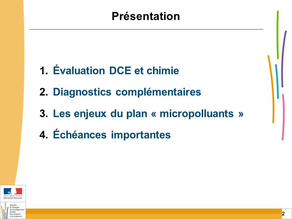 2 2 Présentation 1.Évaluation DCE et chimie 2.Diagnostics complémentaires 3.Les enjeux du plan « micropolluants » 4.Échéances importantes