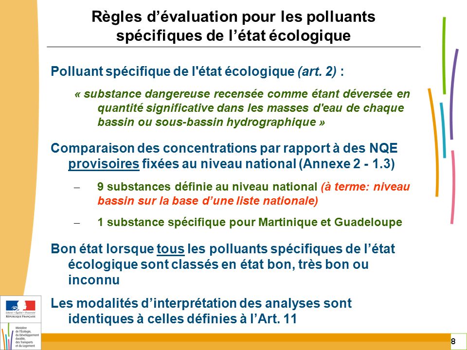 8 8 Règles d’évaluation pour les polluants spécifiques de l’état écologique Polluant spécifique de l état écologique (art.