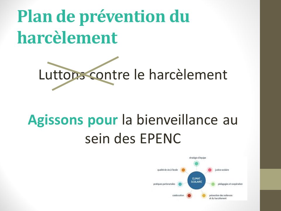 Plan de prévention du harcèlement Luttons contre le harcèlement Agissons pour la bienveillance au sein des EPENC