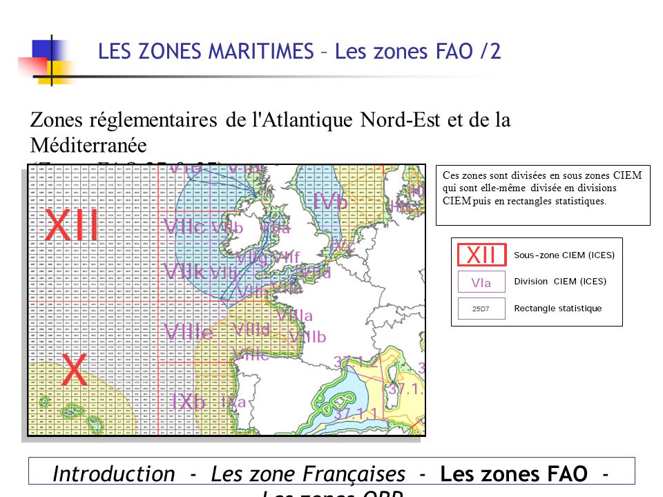 LES ZONES MARITIMES – Les zones FAO /2 Introduction - Les zone Françaises - Les zones FAO - Les zones ORP Zones réglementaires de l Atlantique Nord-Est et de la Méditerranée (Zones FAO 27 & 37) Ces zones sont divisées en sous zones CIEM qui sont elle-même divisée en divisions CIEM puis en rectangles statistiques.