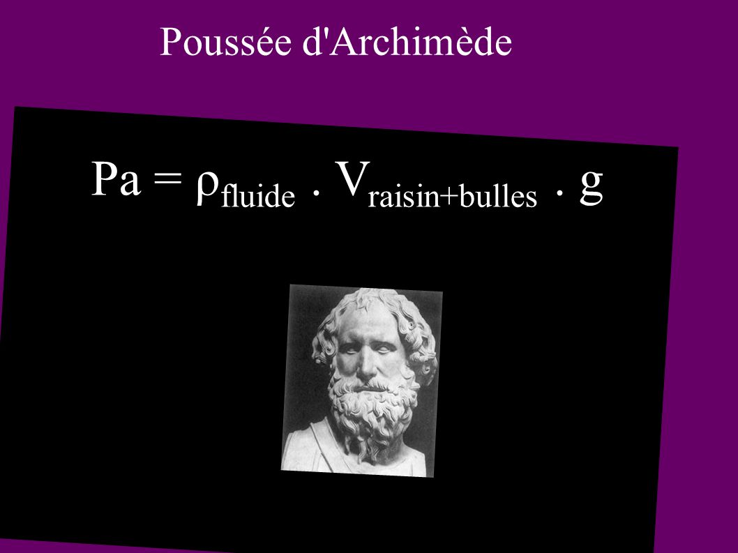 Poussée d Archimède Pa = ρ fluide. V raisin+bulles. g