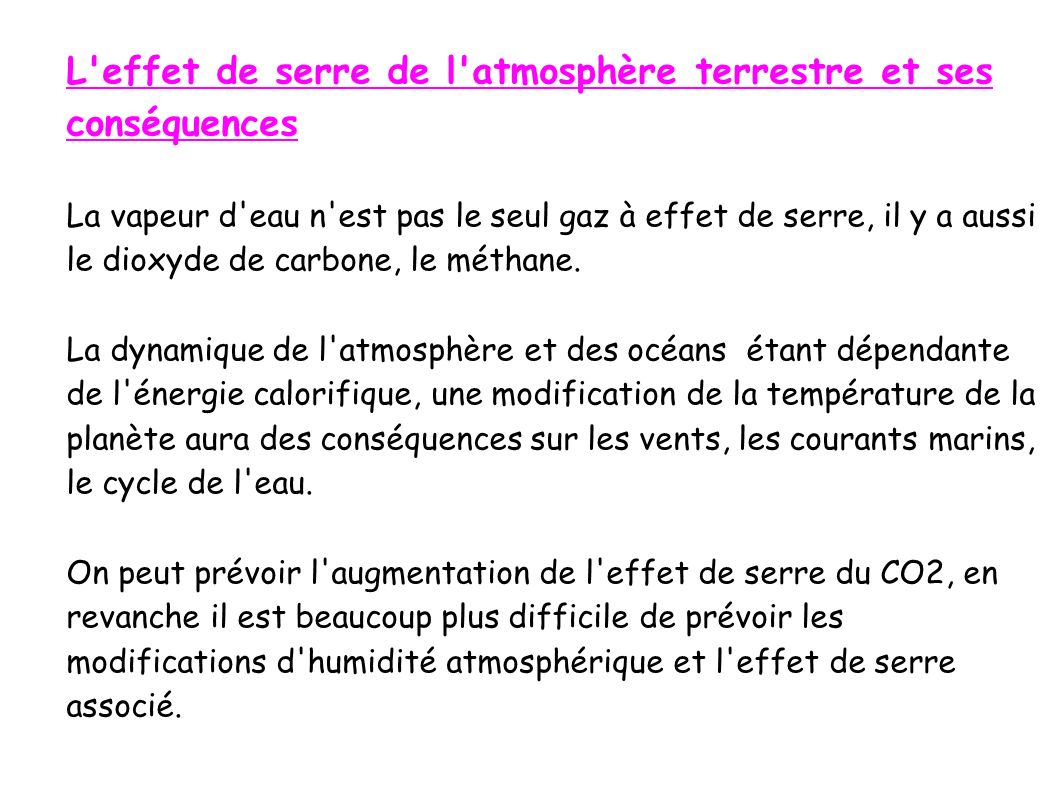 L effet de serre de l atmosphère terrestre et ses conséquences La vapeur d eau n est pas le seul gaz à effet de serre, il y a aussi le dioxyde de carbone, le méthane.