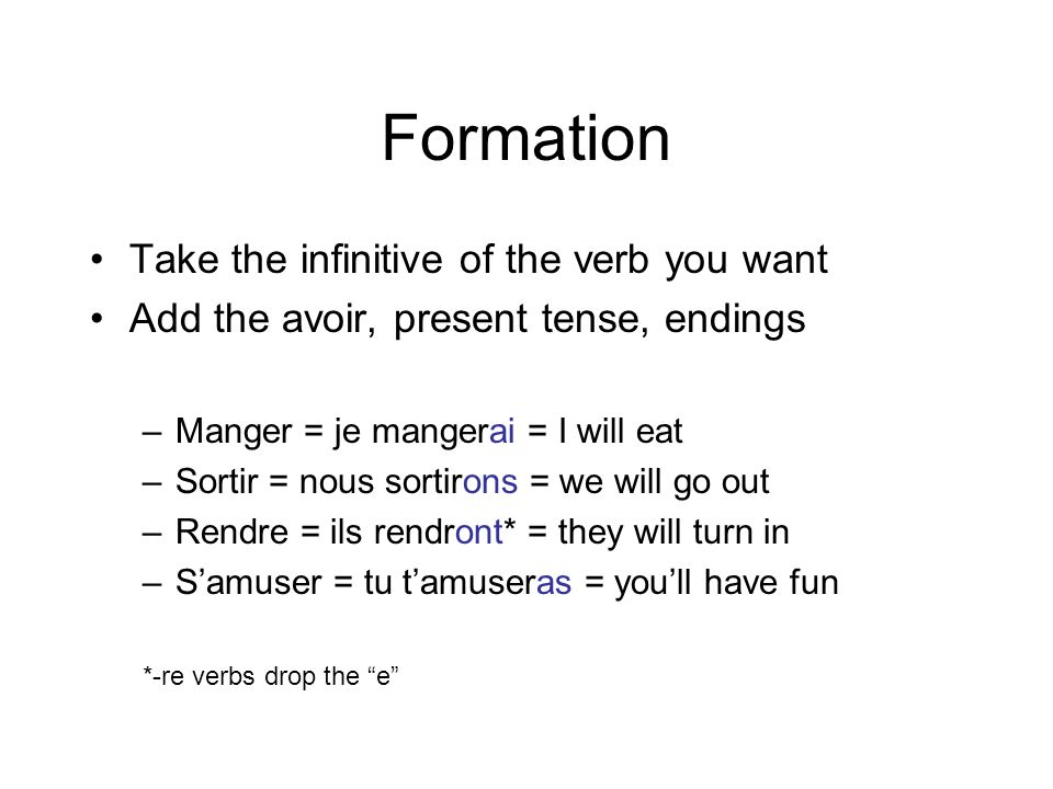 Formation Take the infinitive of the verb you want Add the avoir, present tense, endings –Manger = je mangerai = I will eat –Sortir = nous sortirons = we will go out –Rendre = ils rendront* = they will turn in –S’amuser = tu t’amuseras = you’ll have fun *-re verbs drop the e