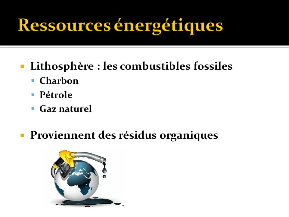  Lithosphère : les combustibles fossiles  Charbon  Pétrole  Gaz naturel  Proviennent des résidus organiques
