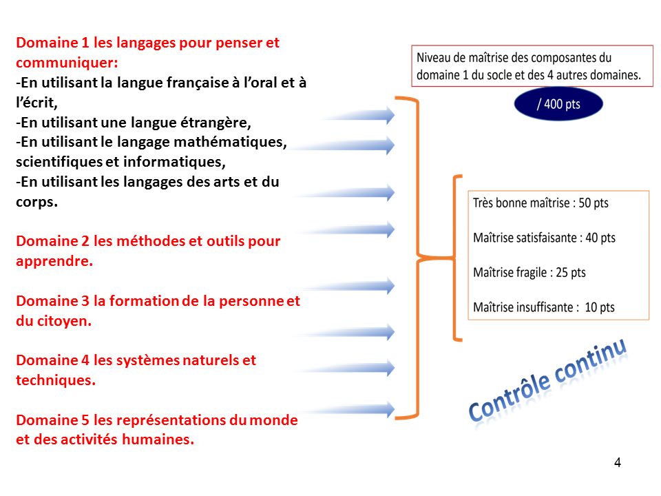 4 Domaine 1 les langages pour penser et communiquer: -En utilisant la langue française à l’oral et à l’écrit, -En utilisant une langue étrangère, -En utilisant le langage mathématiques, scientifiques et informatiques, -En utilisant les langages des arts et du corps.