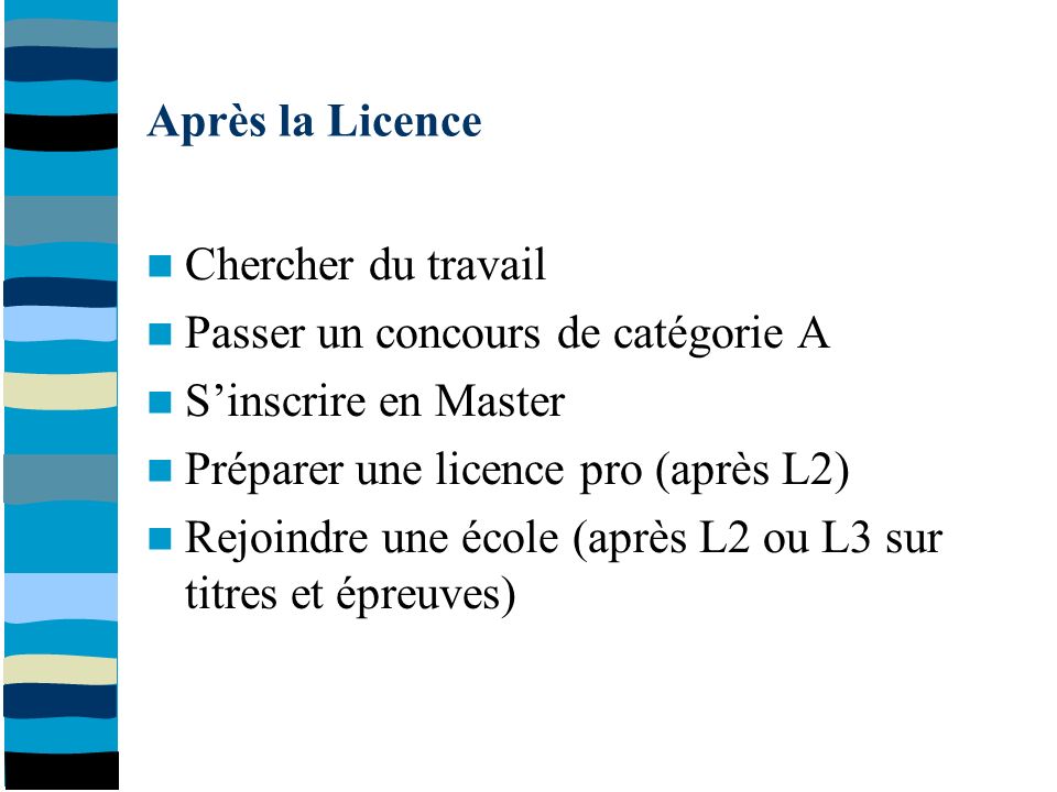 Après la Licence Chercher du travail Passer un concours de catégorie A S’inscrire en Master Préparer une licence pro (après L2) Rejoindre une école (après L2 ou L3 sur titres et épreuves)