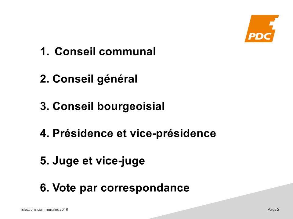 Elections communales 2016 Page 2 1.Conseil communal 2.