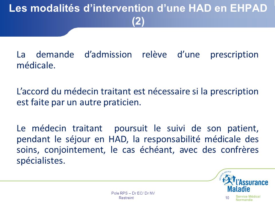 Pole RPS – Dr EC/ Dr NV Restreint10 Les modalités d’intervention d’une HAD en EHPAD (2) La demande d’admission relève d’une prescription médicale.