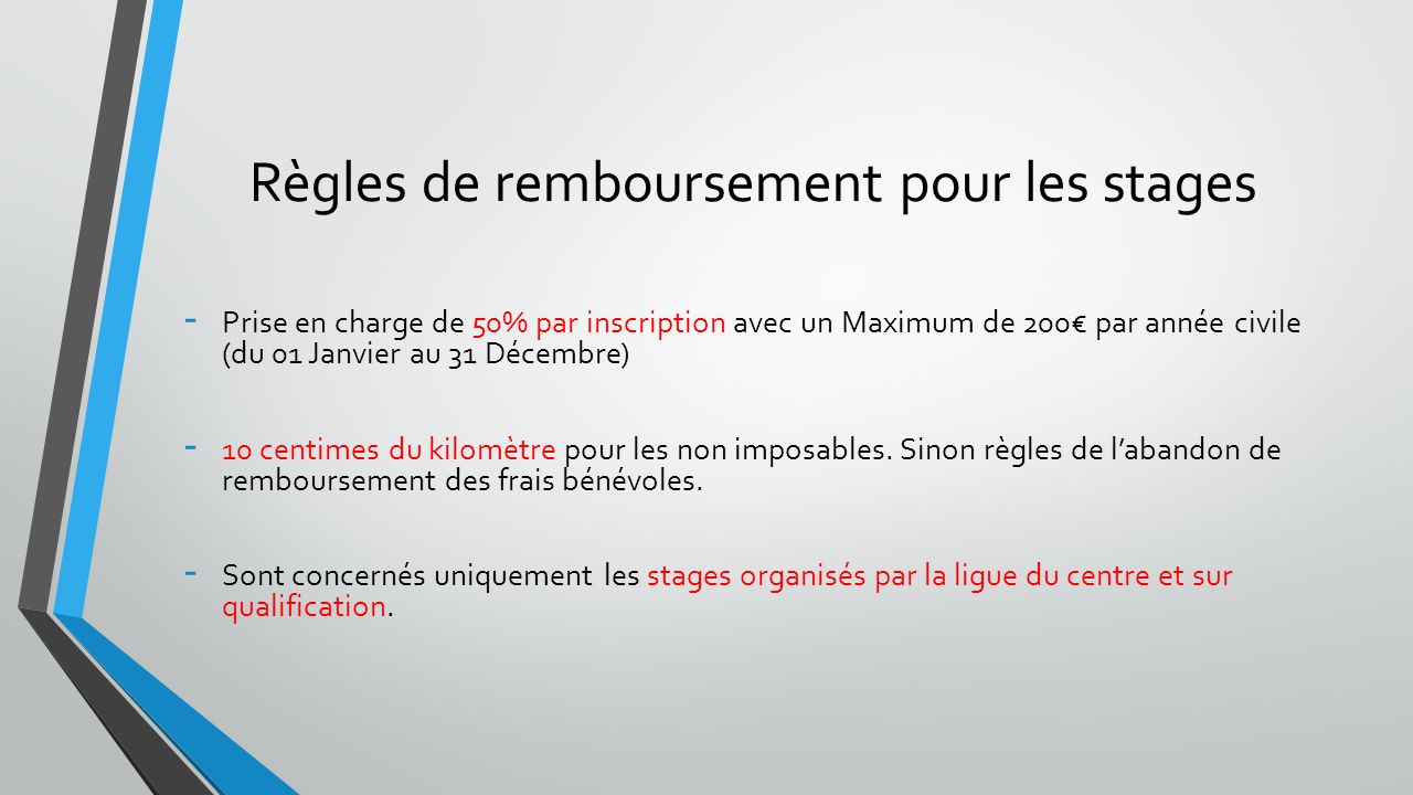 Règles de remboursement pour les stages - Prise en charge de 50% par inscription avec un Maximum de 200€ par année civile (du 01 Janvier au 31 Décembre) - 10 centimes du kilomètre pour les non imposables.