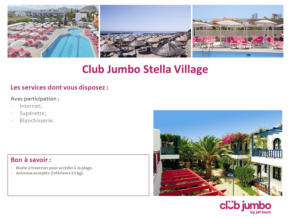 Club Jumbo Stella Village Les services dont vous disposez : Avec participation : -Internet; -Supérette; -Blanchisserie.