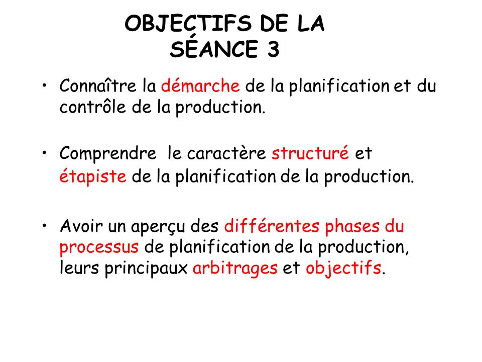 OBJECTIFS DE LA SÉANCE 3 Connaître la démarche de la planification et du contrôle de la production.