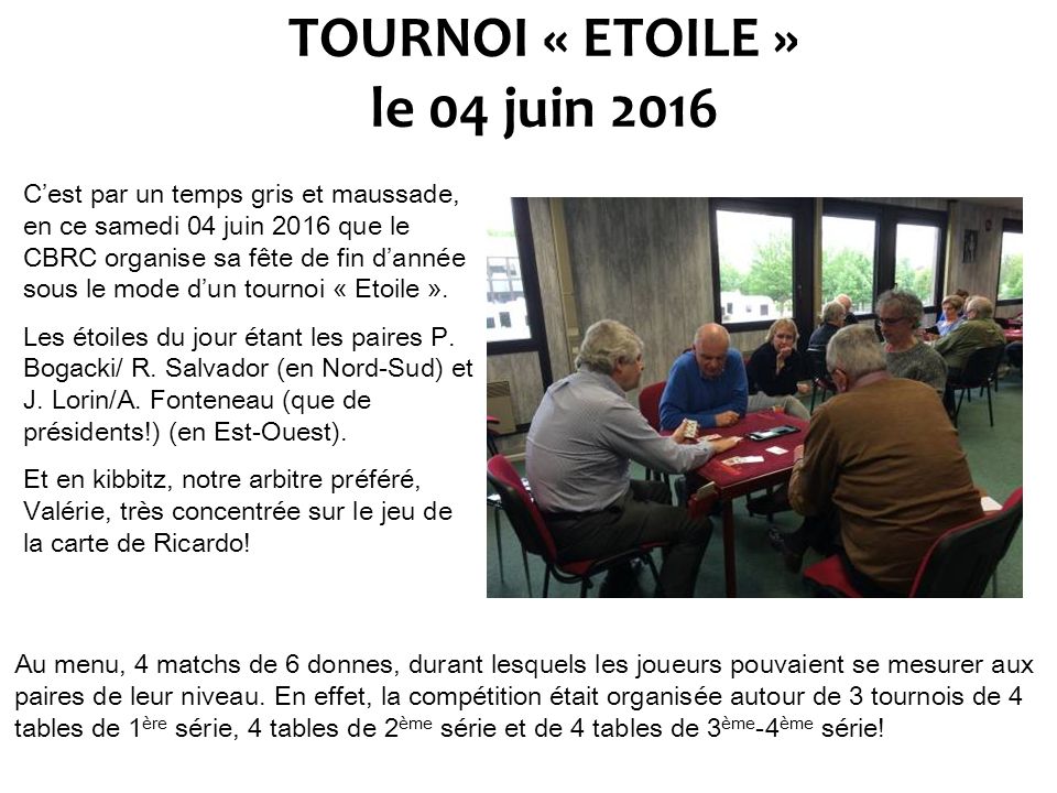TOURNOI « ETOILE » le 04 juin 2016 C’est par un temps gris et maussade, en ce samedi 04 juin 2016 que le CBRC organise sa fête de fin d’année sous le mode d’un tournoi « Etoile ».
