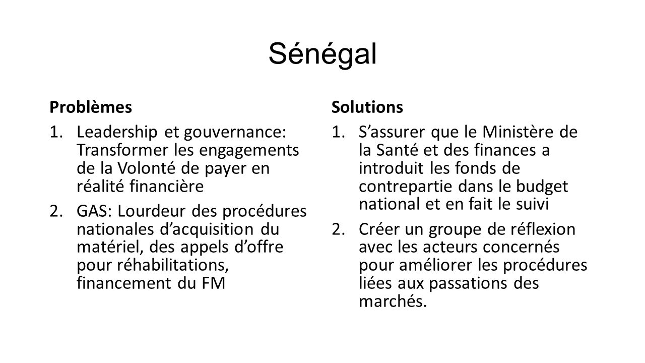 Sénégal Solutions 1.S’assurer que le Ministère de la Santé et des finances a introduit les fonds de contrepartie dans le budget national et en fait le suivi 2.Créer un groupe de réflexion avec les acteurs concernés pour améliorer les procédures liées aux passations des marchés.